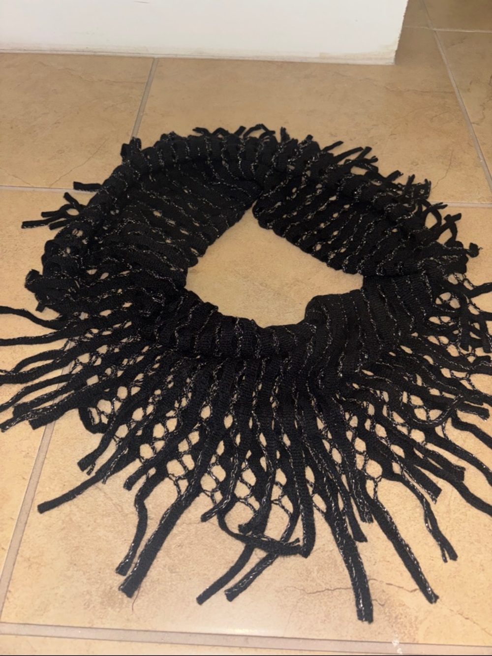 Black Fringe infinity Knit Scarf with Metallic Thread